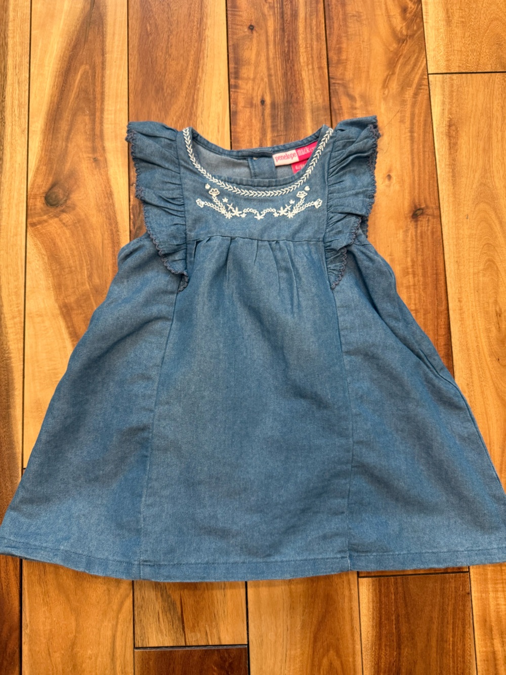 Penelope Mack Blue Denim-Look Ruffle Shoulder Dress
